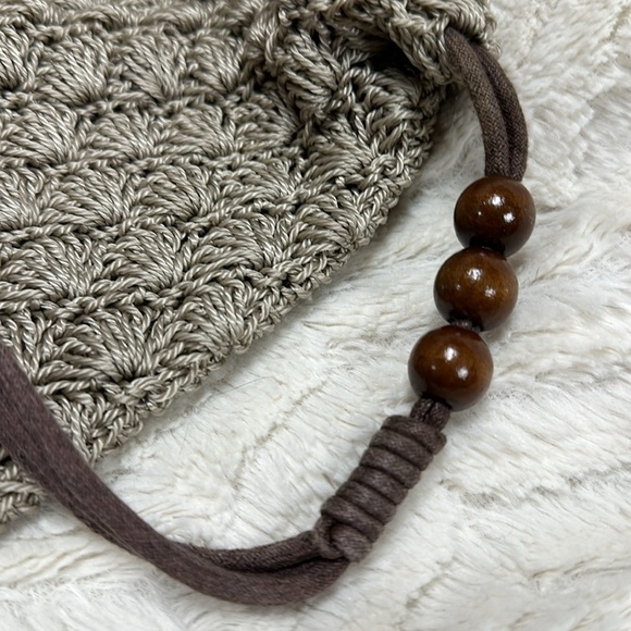 Old Navy Outlet  Crochet Sling style Drawstring Backpack with Wood Beads, Lined - Picture 3 of 6